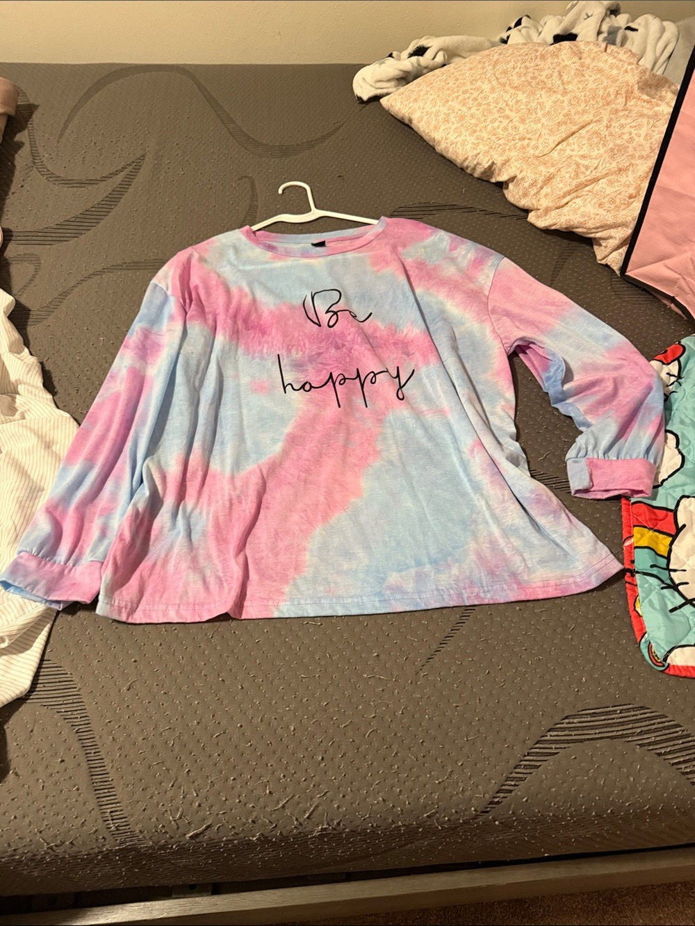 SHEIN Pink & Light Blue Tie-Dye 'Be Happy' Long Sleeve Tee